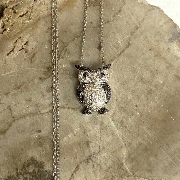 Sterling Silver 925 Black White Owl Single Diamond Pendant Necklace 18" Chain - Picture 12 of 16